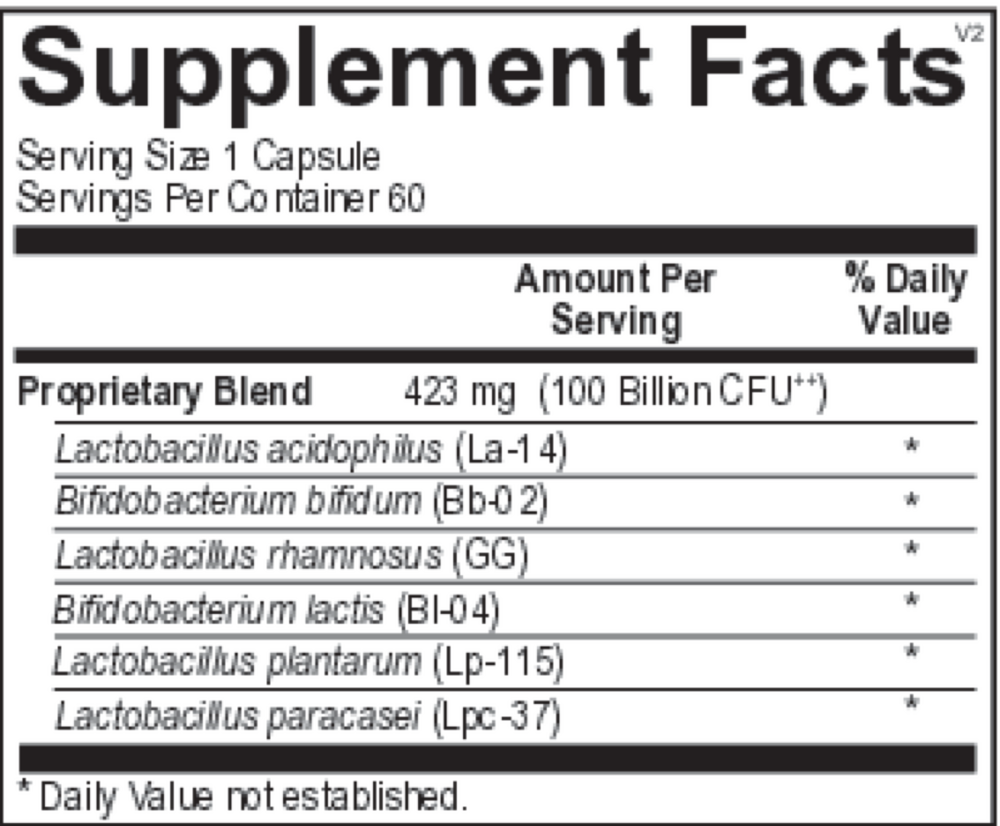 Ortho Molecular Products Ortho Biotic 100 60 capsule supplement facts label