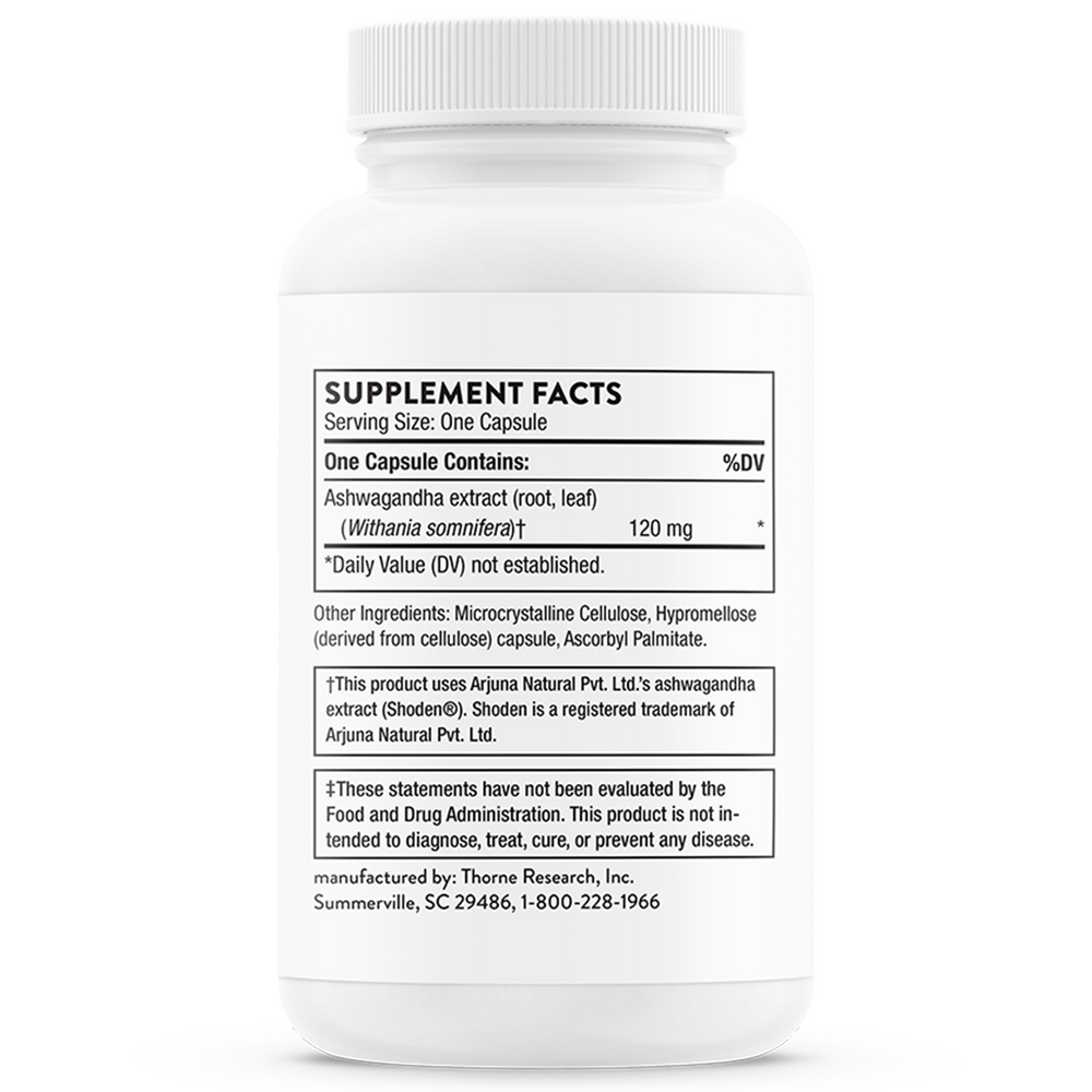 Thorne Ashwagandha 30 capsule supplement facts label