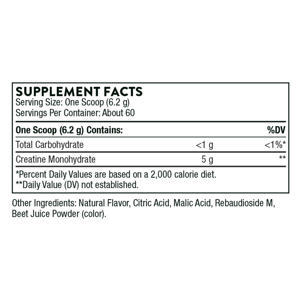 Thorne Creatine Strawberry Flavored 450 gram supplement facts label