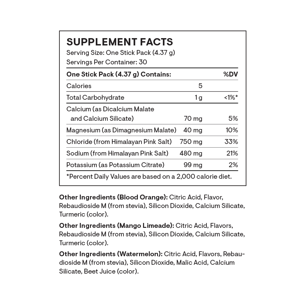 Thorne Daily Electrolytes Variety Pack 30 packet supplement facts label