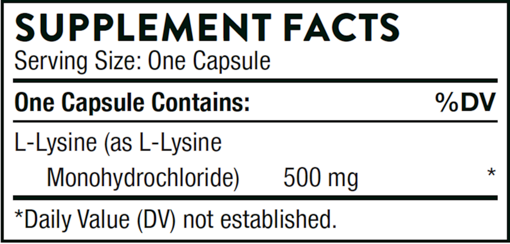 Thorne Lysine 60 capsule supplement facts label