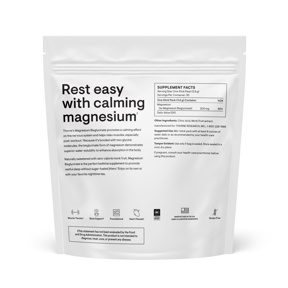 Thorne Magnesium Bisglycinate 30 packet supplement facts label