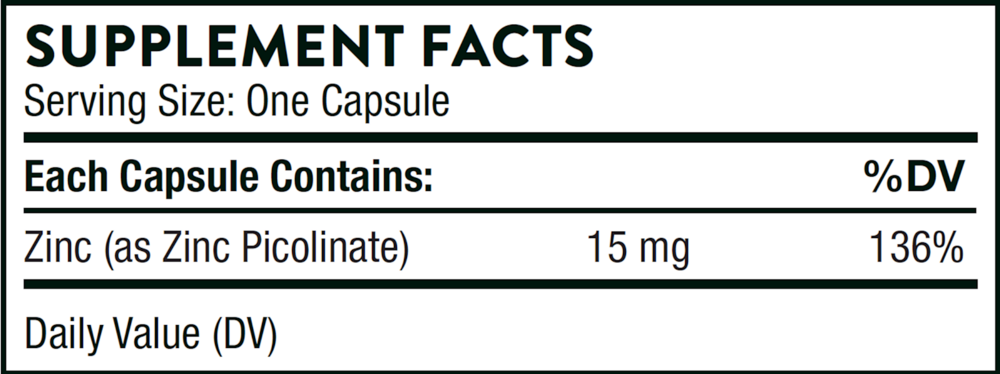 Thorne Zinc Picolinate 15mg 60 capsule supplement facts label
