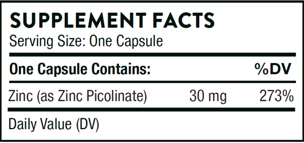 Thorne Zinc Picolinate 30mg NSF Sport 60 capsule supplement facts label