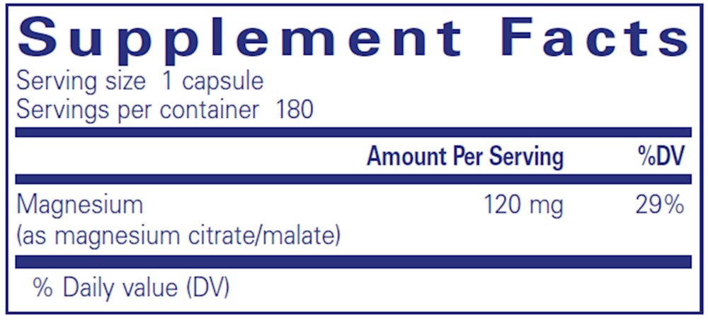 Pure Encapsulations Magnesium Citrate/Malate 180 capsule supplement facts label
