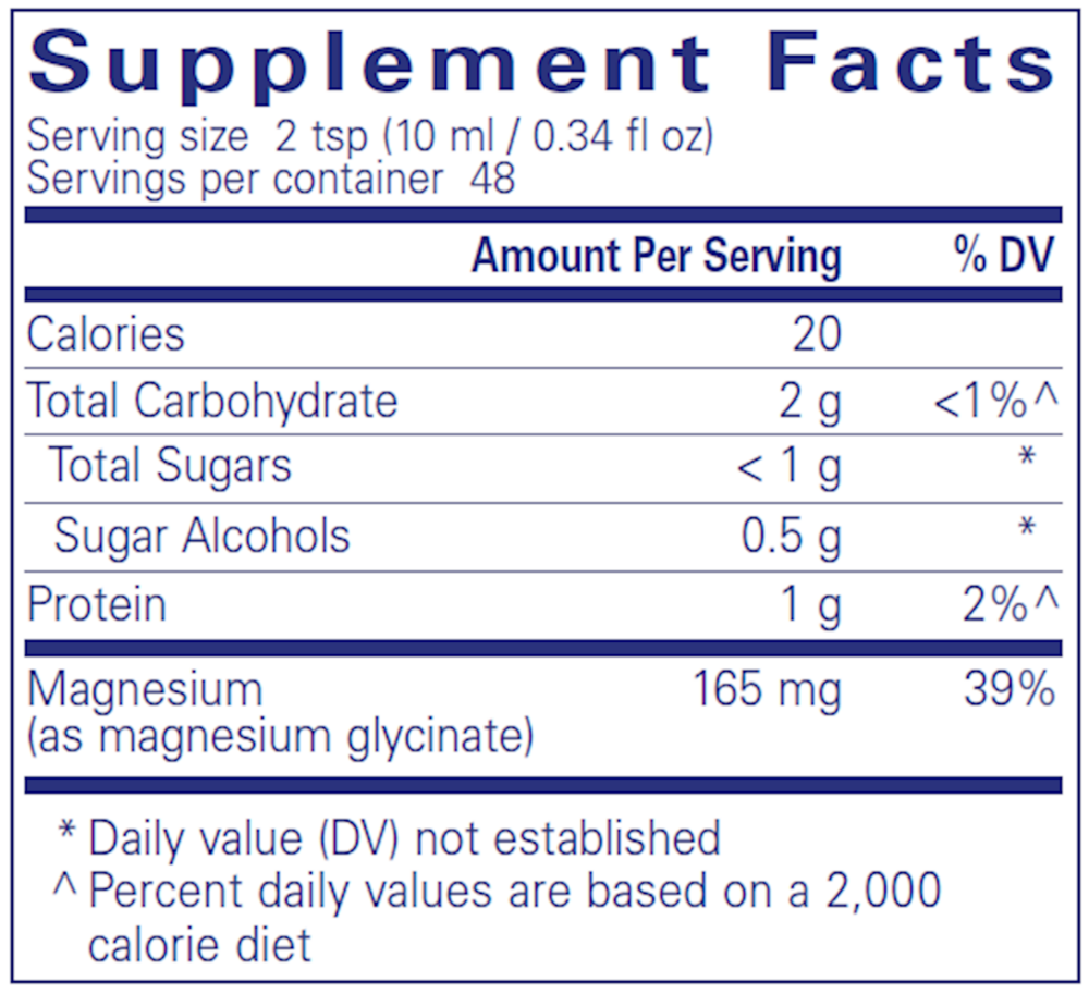 Pure Encapsulations Magnesium Glycinate Liquid 480 milliter supplement facts label