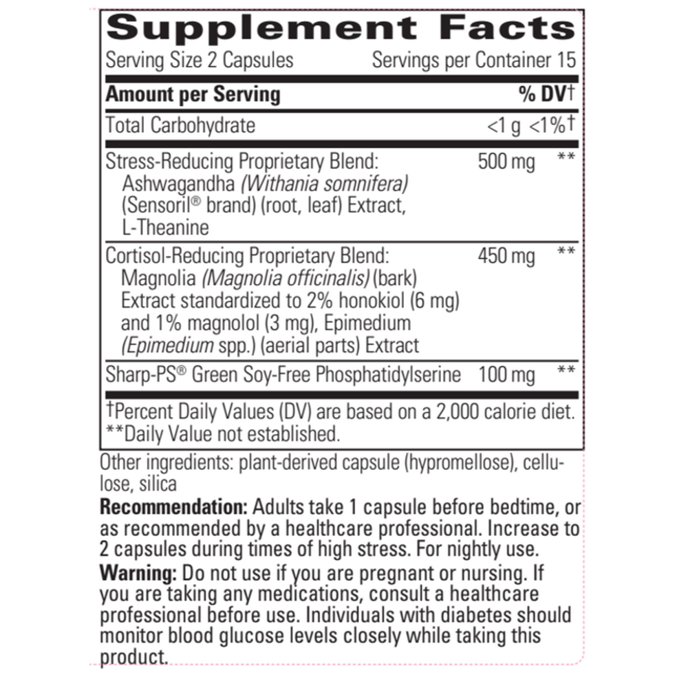 Integrative Therapeutics Cortisol Manager Allergen Free 30 capsule supplement facts label