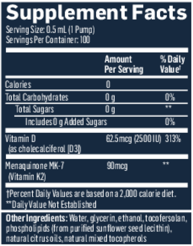 Quicksilver Scientific Nanoemulsified D3K2 50 milliliter supplement facts label