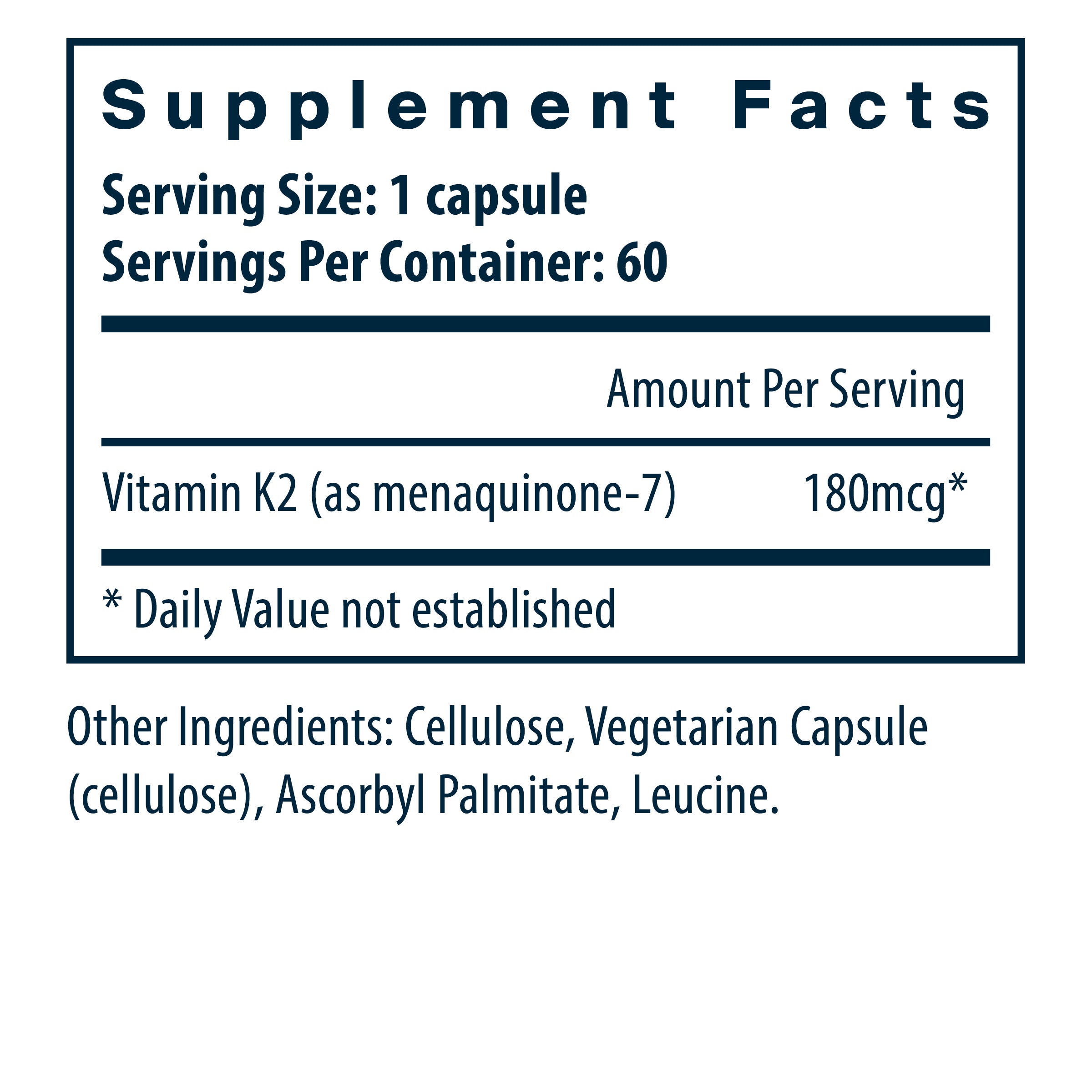 Vital Nutrients K2-7 60 capsule supplement facts label