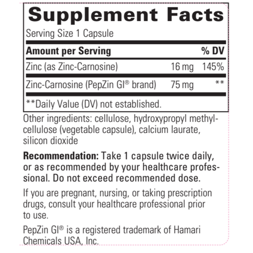Integrative Therapeutics Zinc-Carnosine 60 capsule supplement facts label