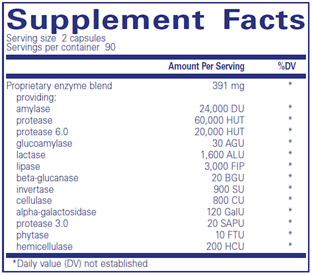 Pure Encapsulations Digestive Enzymes Ultra 180 capsule supplement facts label