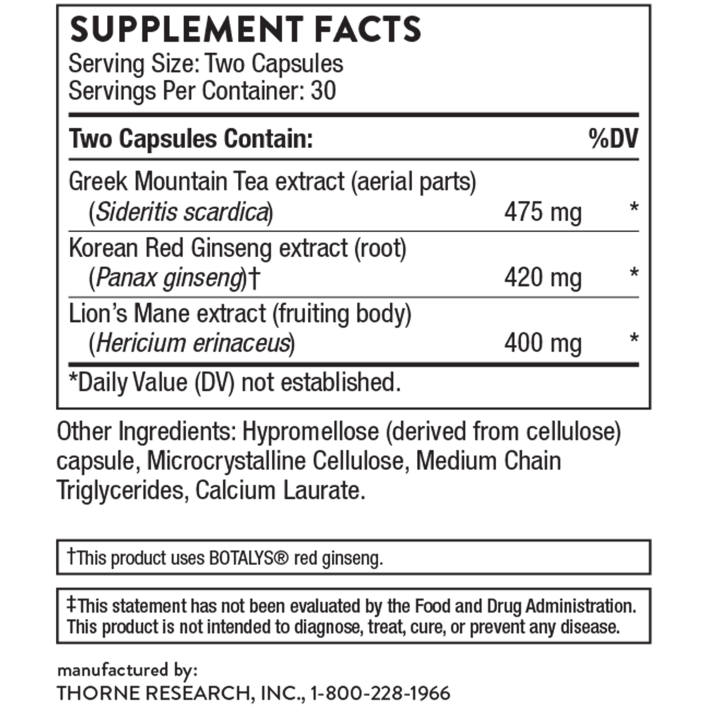 Thorne Ginseng Plus 60 capsule supplement facts label