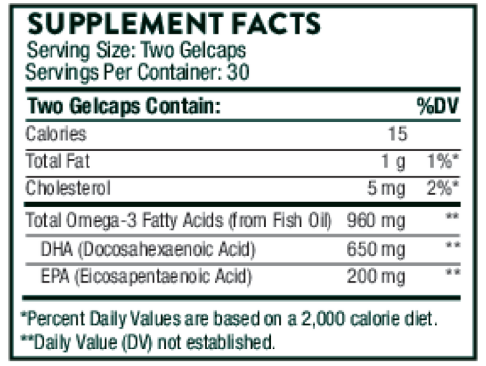 Thorne Advanced DHA 60 gelcap supplement facts label
