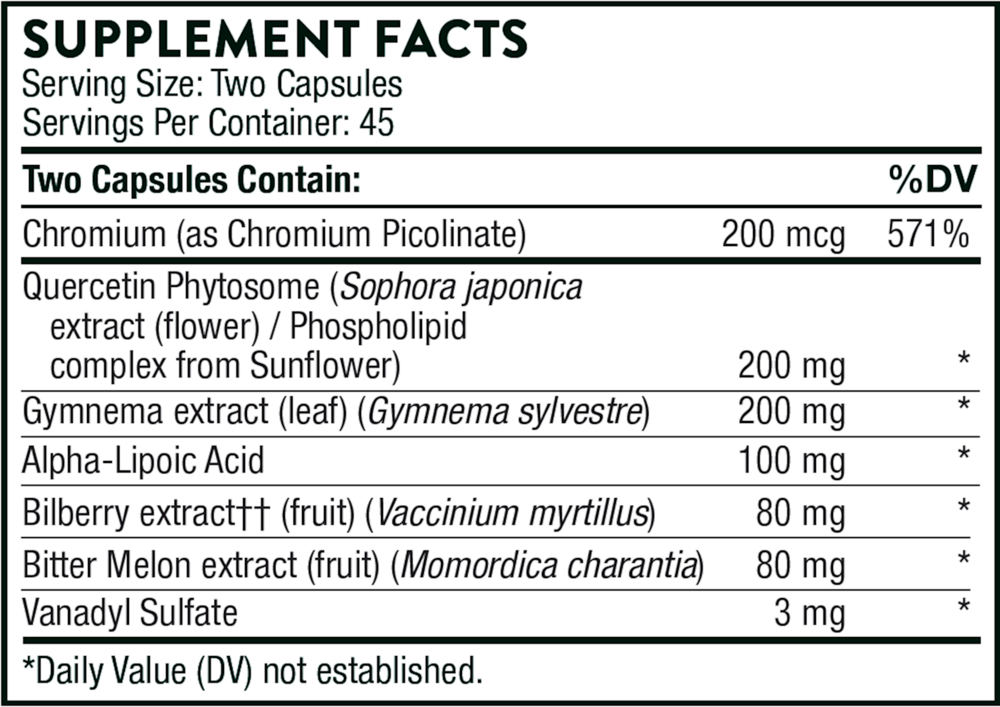 Thorne Diabenil 90 capsule supplement facts label