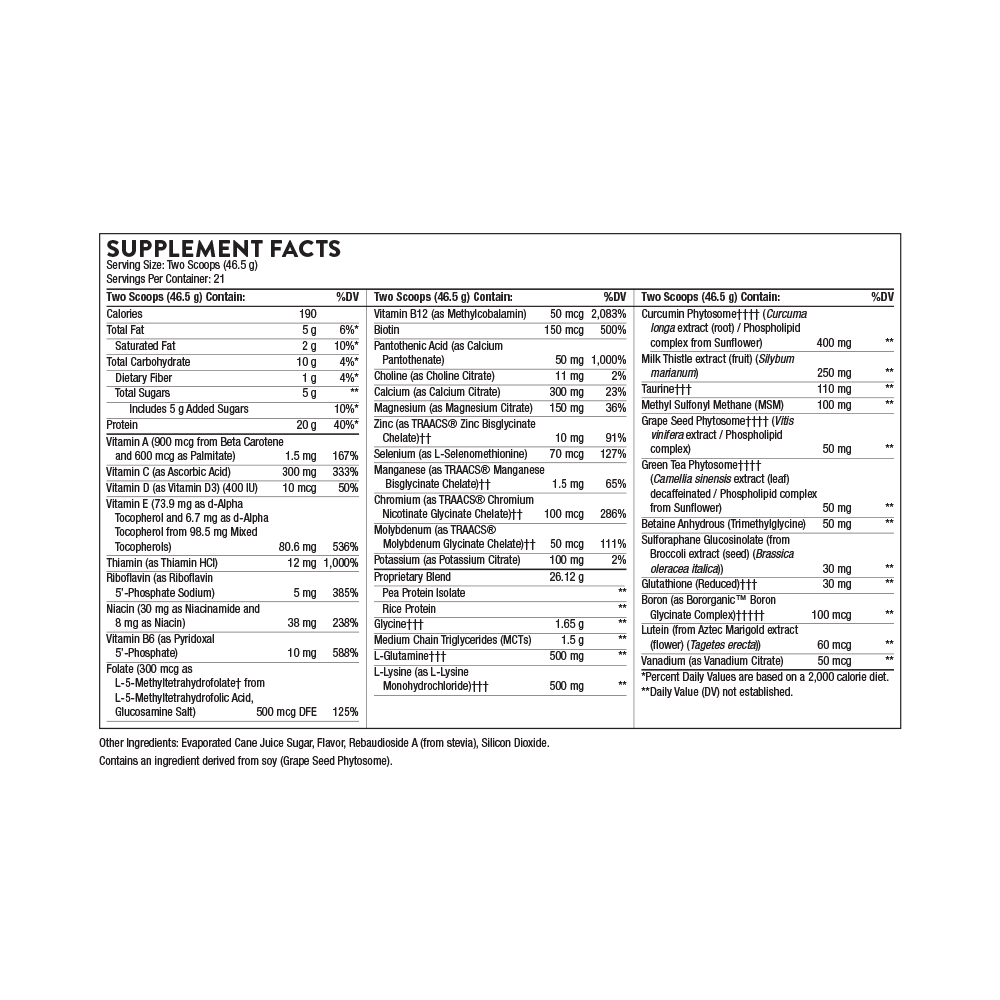 Thorne MediClear-SGS Vanilla 978 gram supplement facts label