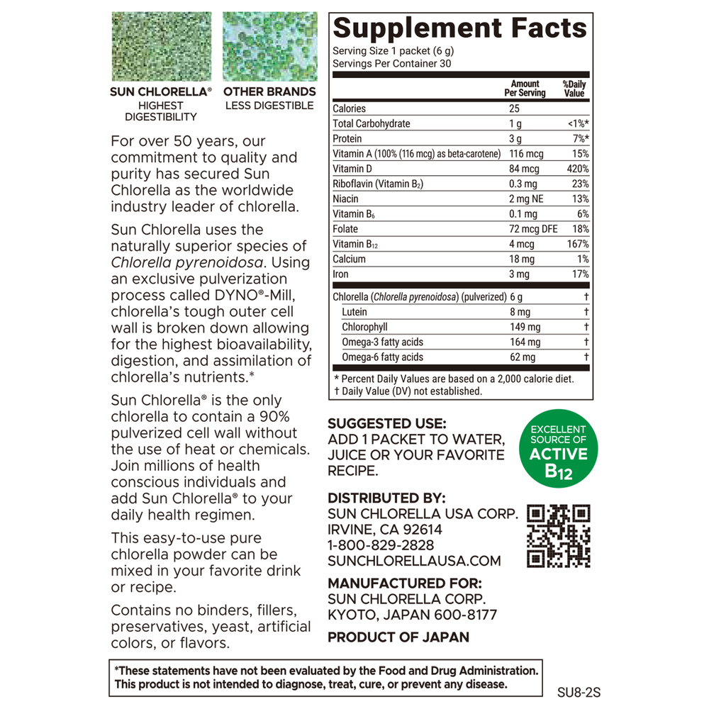 Sun Chlorella Sun Chlorella A Powder 30 packet supplement facts label
