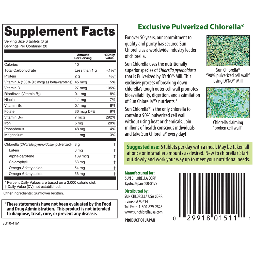 Sun Chlorella Sun Chlorella 500mg 120 tablet supplement facts label