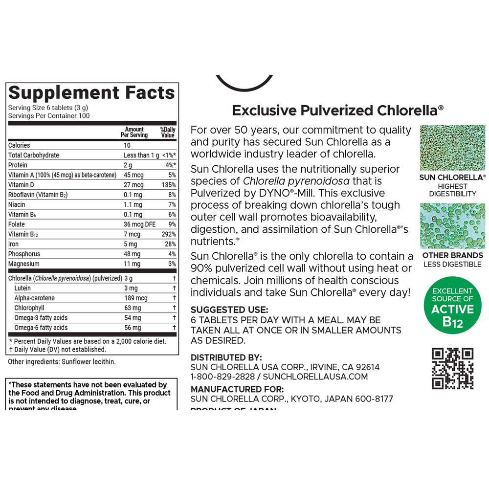 Sun Chlorella Sun Chlorella 500mg 600 tablet supplement facts label