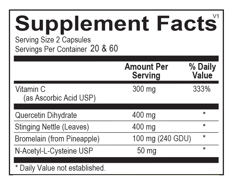 Ortho Molecular Products Natural D-Hist® 120 capsule supplement facts label