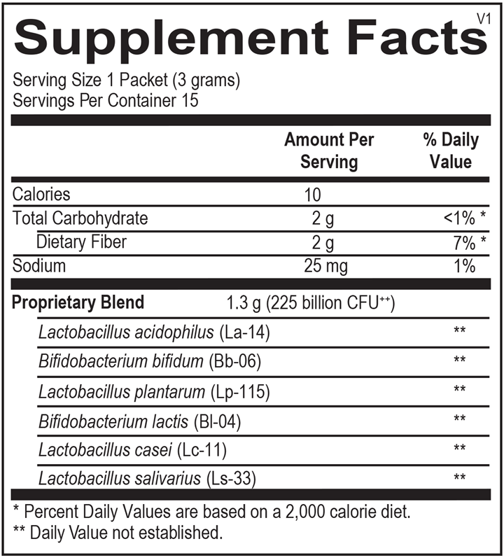 Ortho Molecular Products Probiotic 225 15 packet supplement facts label