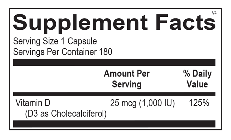 Ortho Molecular Products Vitamin D 1,000 IU 180 capsule supplement facts label