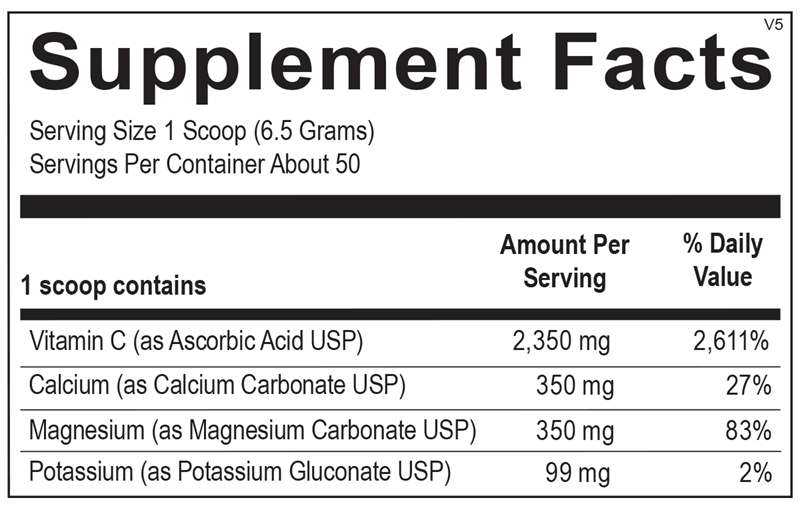 Ortho Molecular Products Buffered Lemon C Powder 325 gram supplement facts label