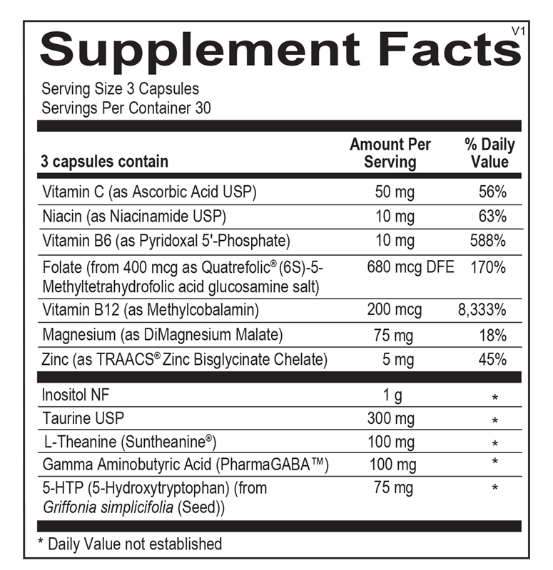 Ortho Molecular Products Cerenity 90 capsule supplement facts label