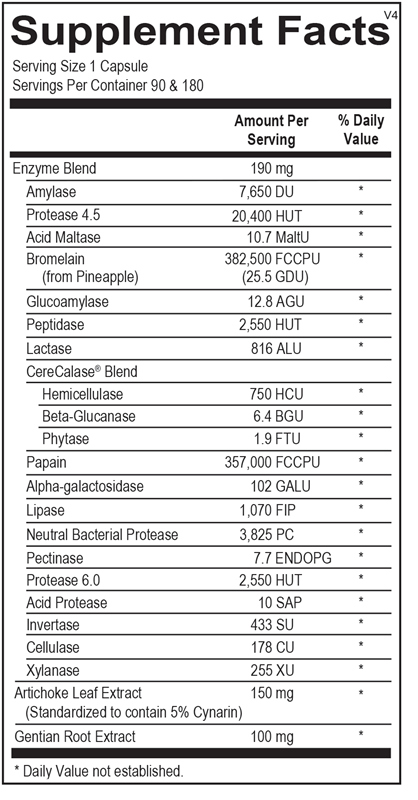Ortho Molecular Products Digestzyme-V 180 capsule supplement facts label