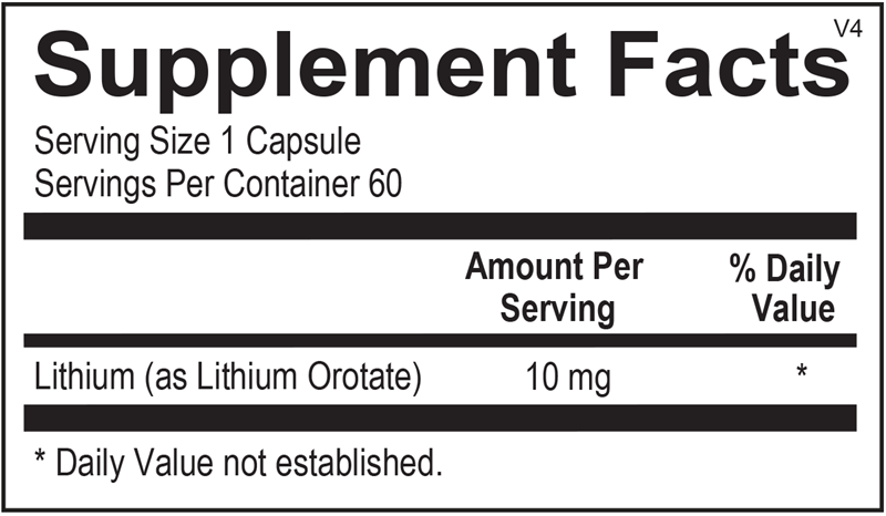 Ortho Molecular Products Lithium Orotate 60 capsule supplement facts label