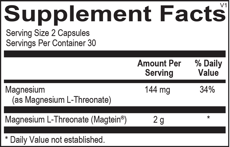 Ortho Molecular Products Mag Threonate 60 capsule supplement facts label