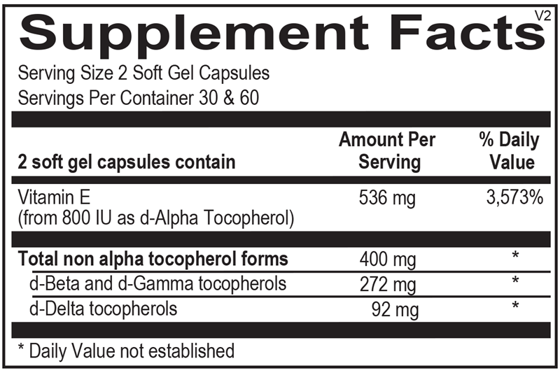 Ortho Molecular Products Natural Vitamin E Mixed Tocopherols 60 capsule supplement facts label