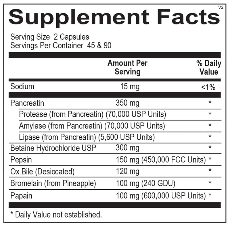 Ortho Molecular Products Ortho Digestzyme 180 capsule supplement facts label