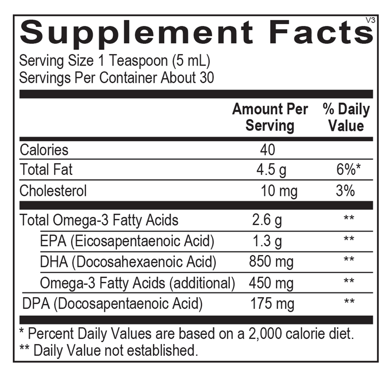 Ortho Molecular Products Orthomega® Liquid Fish Oil- Mango 150 milliliter supplement facts label