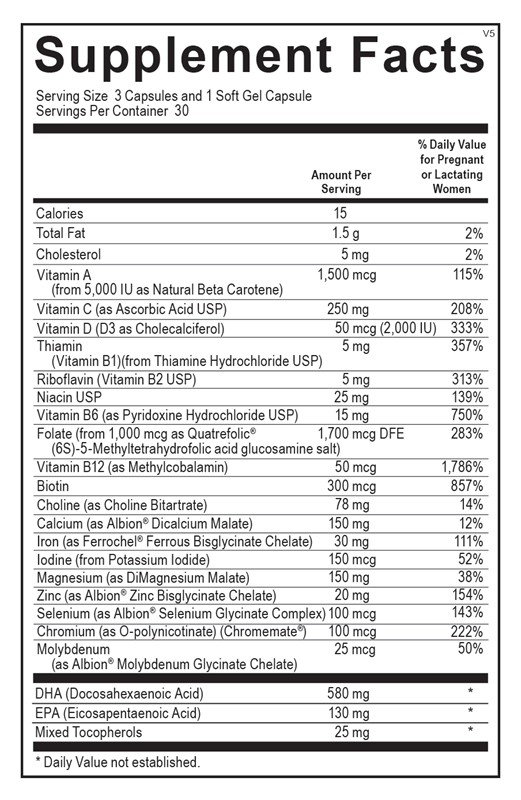 Ortho Molecular Products Prenatal Complete with DHA 6 pack supplement facts label