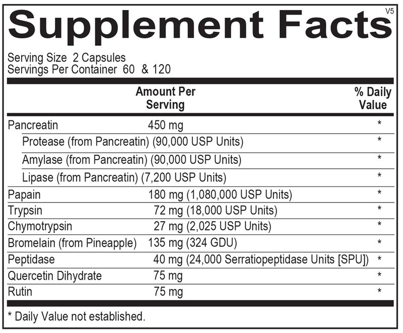Ortho Molecular Products Vascuzyme 240 capsule supplement facts label