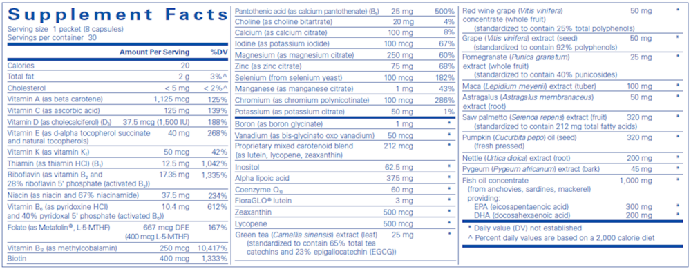 Pure Encapsulations Mens Pure Pack 30 packet supplement facts label