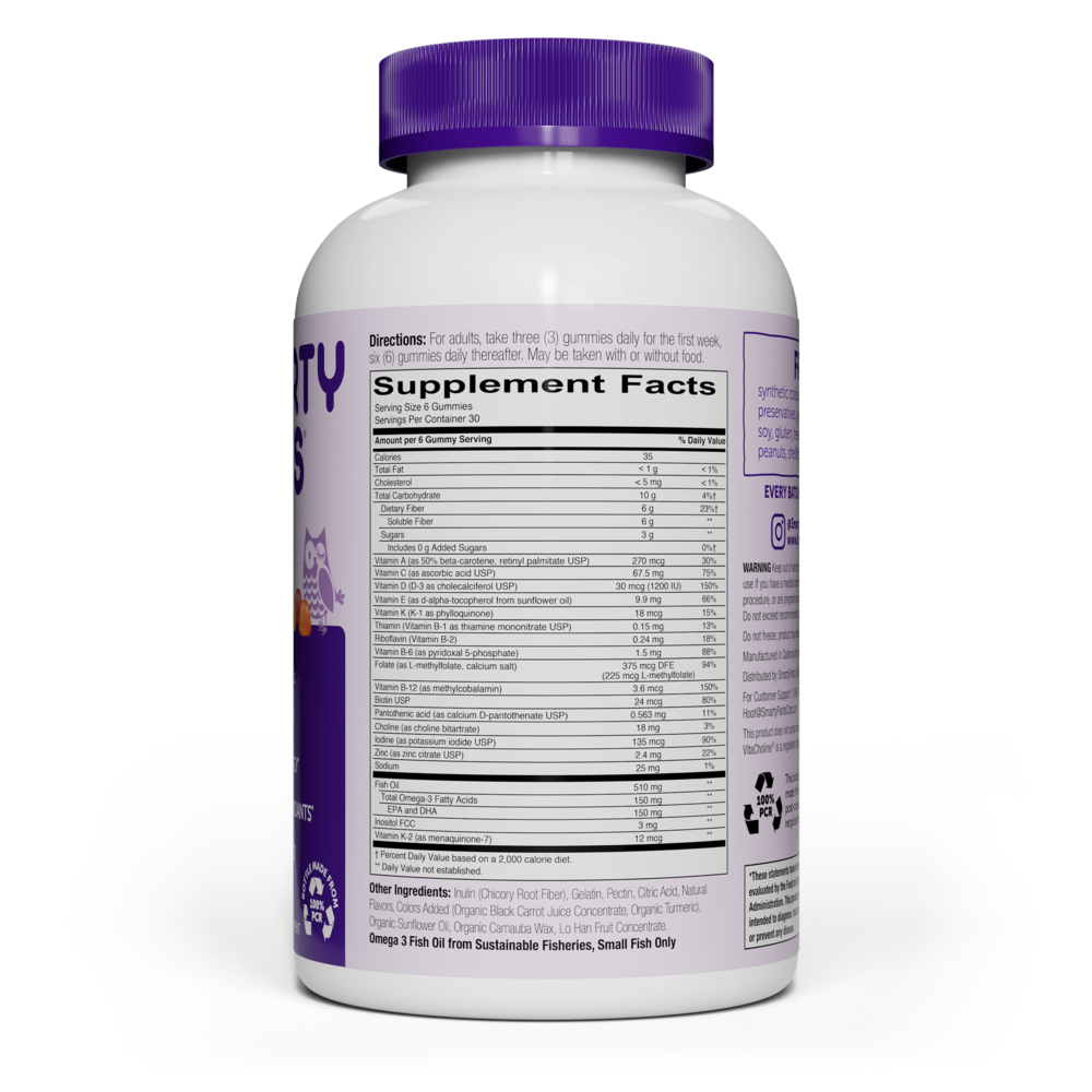 SmartyPants Adult Formula Multi and Omegas 180 gummy supplement facts label
