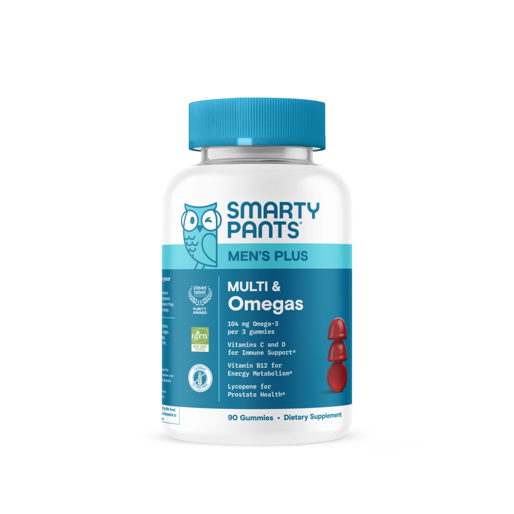 SmartyPants Men's Plus Multi & Omegas 90 gummy - Men's Multivitamin Gummy with Fish-Oil Omega-3, CoQ10, and Methylated B Vitamins