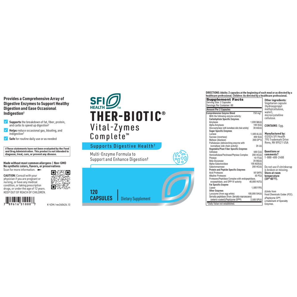 Klaire Labs/SFI Health Ther-Biotic® Vital-Zymes (Complete) 120 capsule supplement facts label
