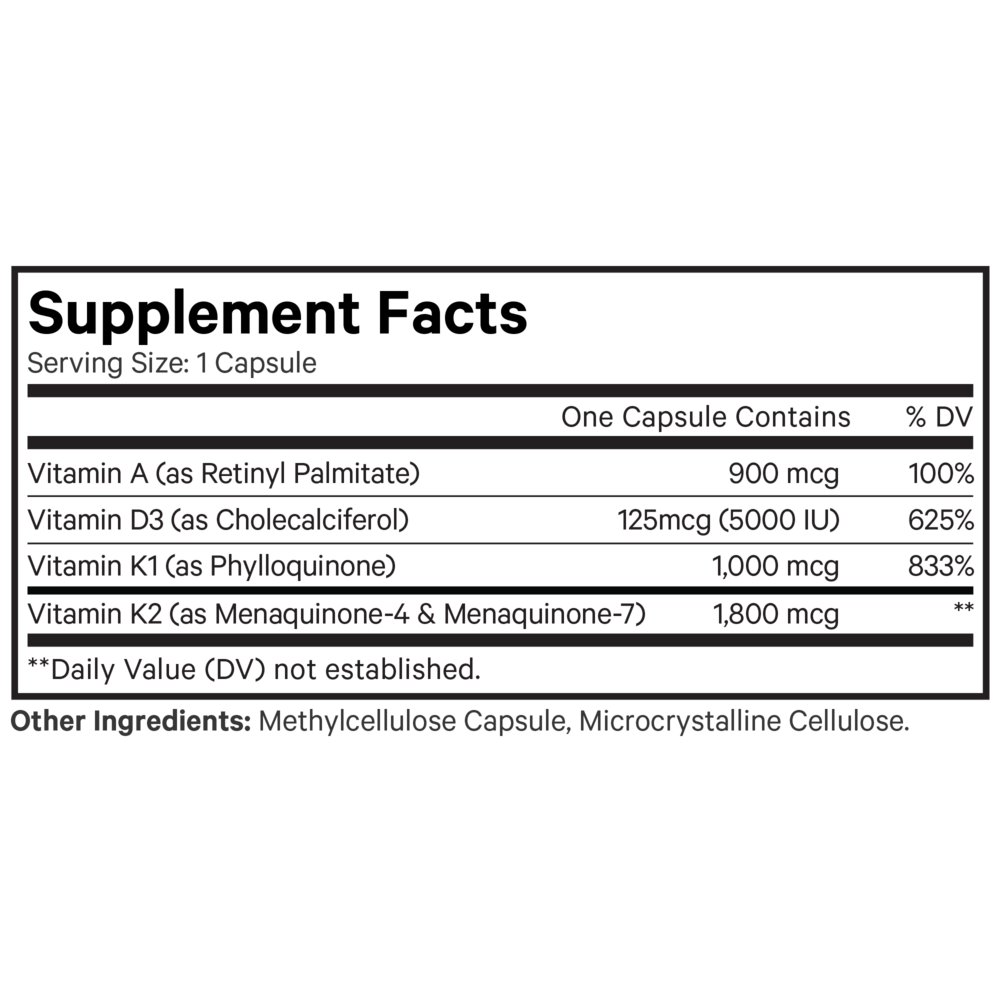 Codeage ADK Vitamins+ 180 capsule supplement facts label