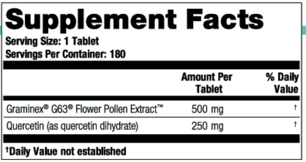 Theralogix Prostate PQ Rye Grass Flower Pollen & Quercetin Supplement 180 tablet supplement facts label