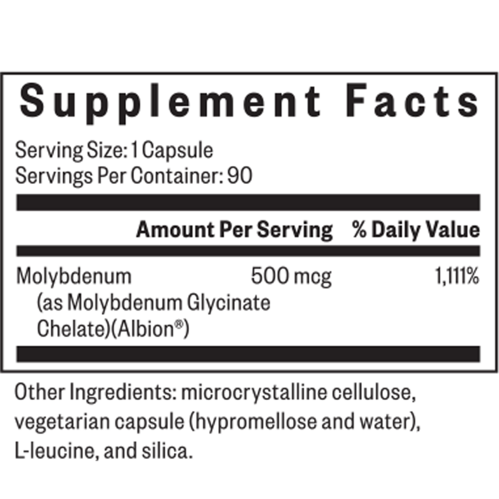 Seeking Health Molybdenum 500 90 capsule supplement facts label