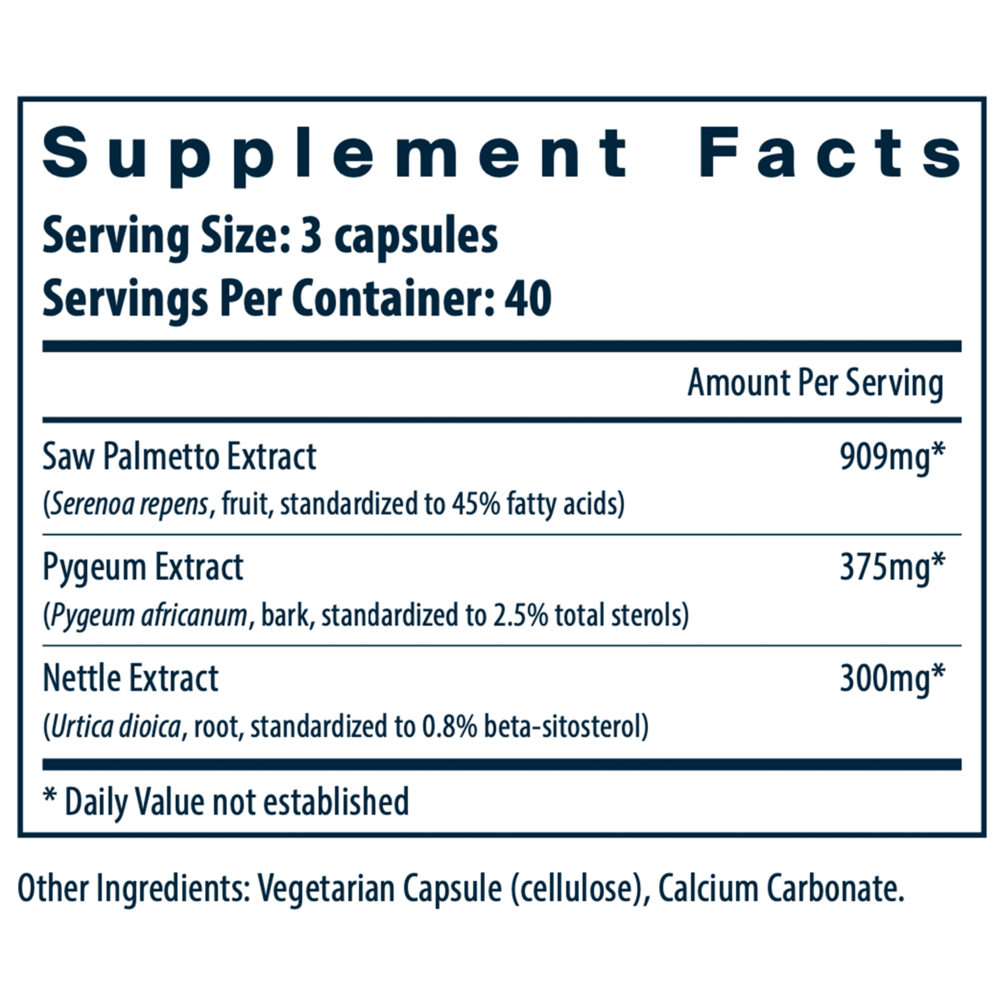 Vital Nutrients Saw Palmetto Pygeum Nettle Root 120 capsule supplement facts label